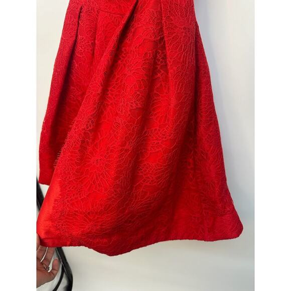 Monique Lhuillier Red Lace Flare Bateau Neckline Knee-Length Dress - Picture 5 of 10